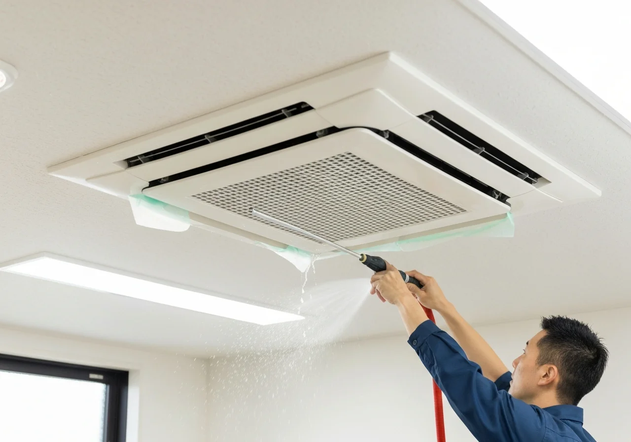 A close-up view of a ceiling cassette air conditioner air outlet after cleaning, with the interior looking clean