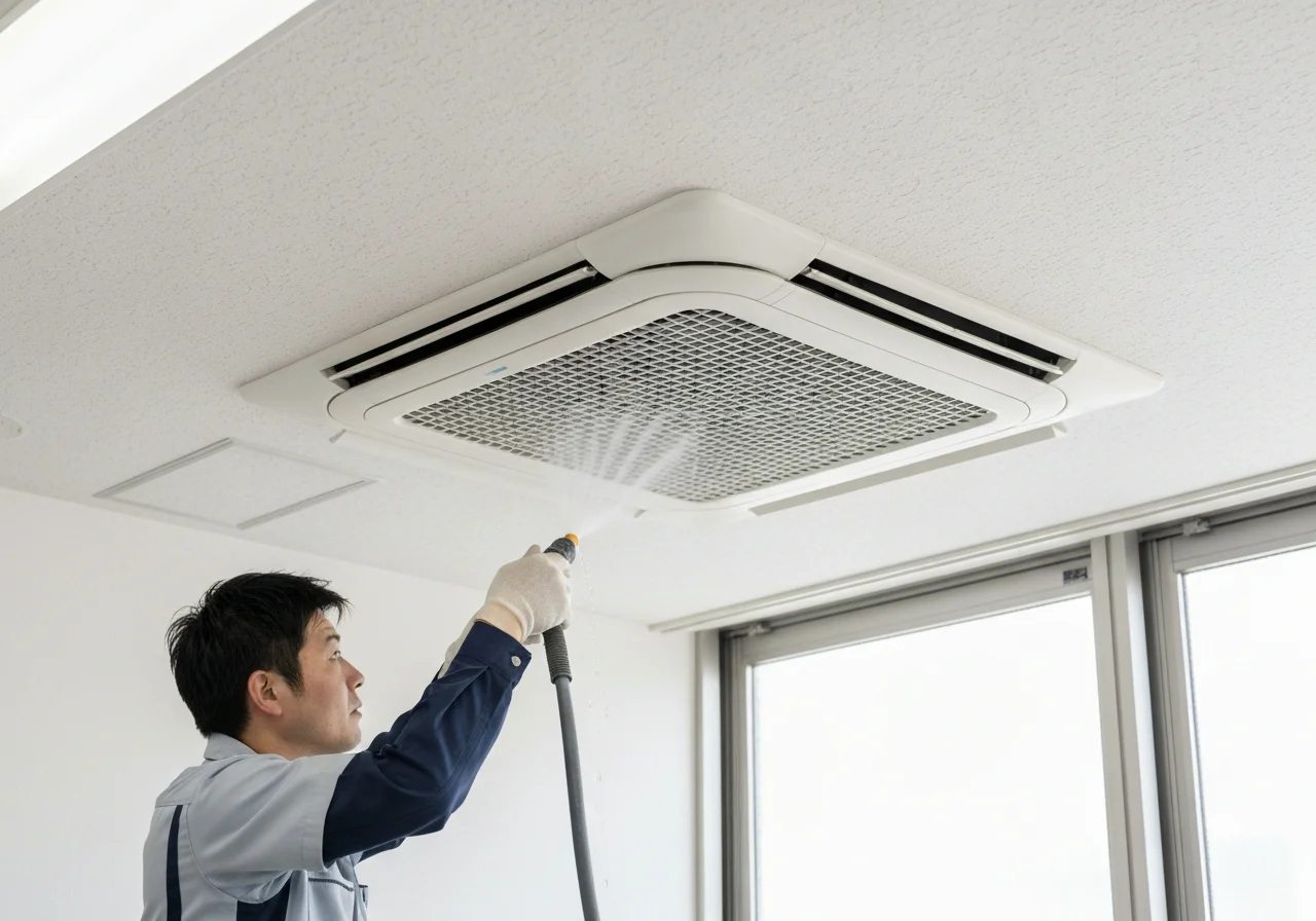 A close-up view of a commercial air conditioner air outlet with dirt clearly visible before cleaning