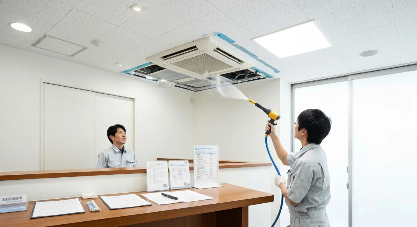 A preliminary consultation scene with inspection documents and cleaning equipment arranged on a worktable before reception