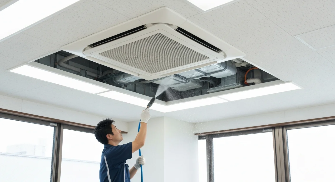 A post-cleaning scene inside the office, where the commercial air conditioner is being tested