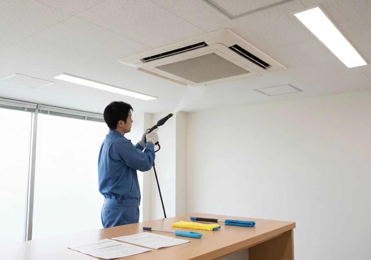 A work-preparation scene in an office, with inspection documents and cleaning equipment arranged inside the site