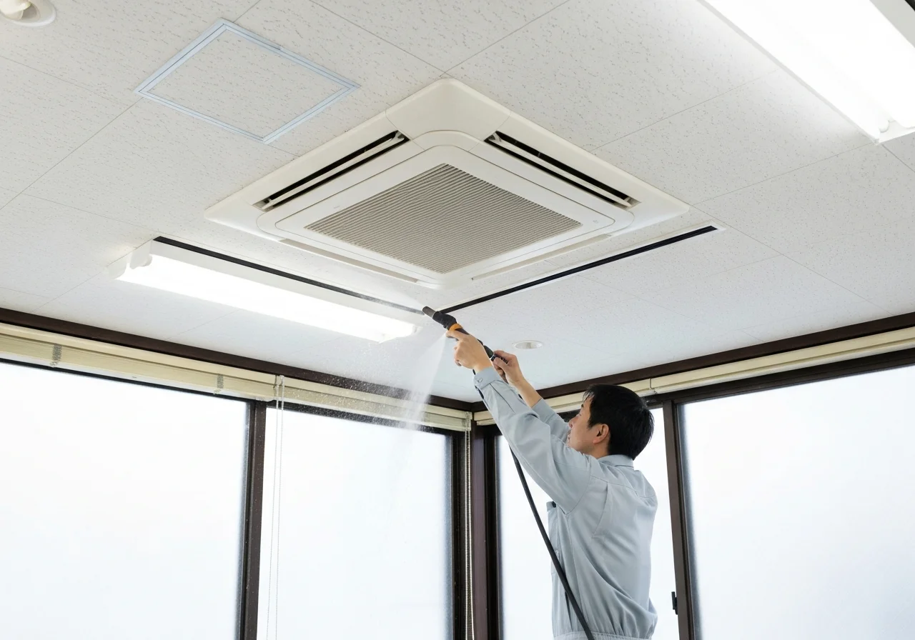 A view of a commercial air conditioner being disassembled and cleaned near the ceiling of a store