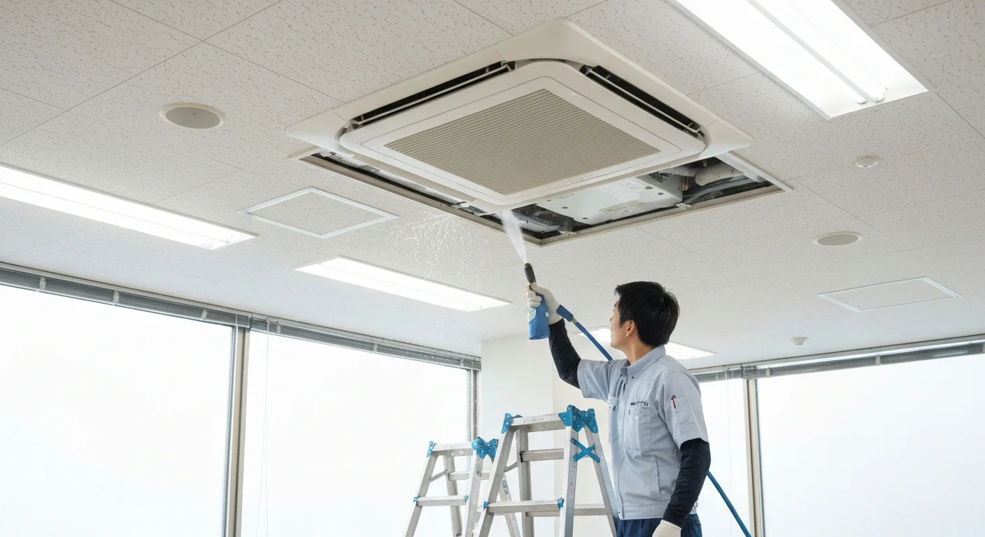 A post-service scene in an office after closing, with a stepladder put away beneath the cleaned ceiling air conditioner and the final check underway