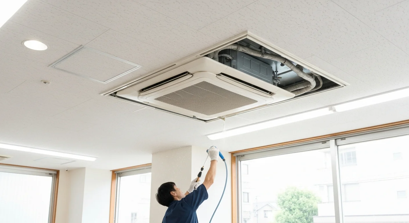 広い店内で複数台の空調設備が見える現場全体の写真