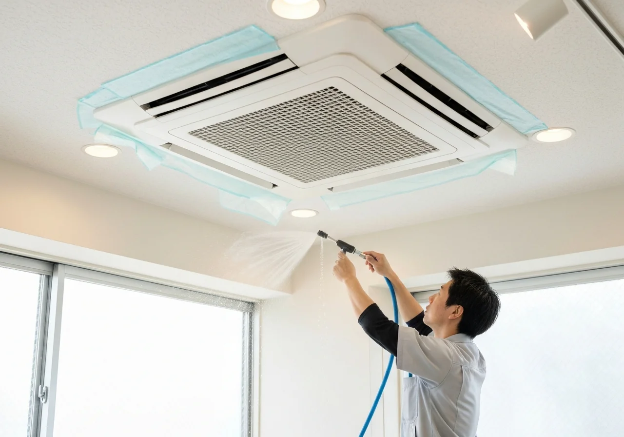 A work scene in an office conference room where the panel of a ceiling-mounted air conditioner has been removed for inspection of the interior