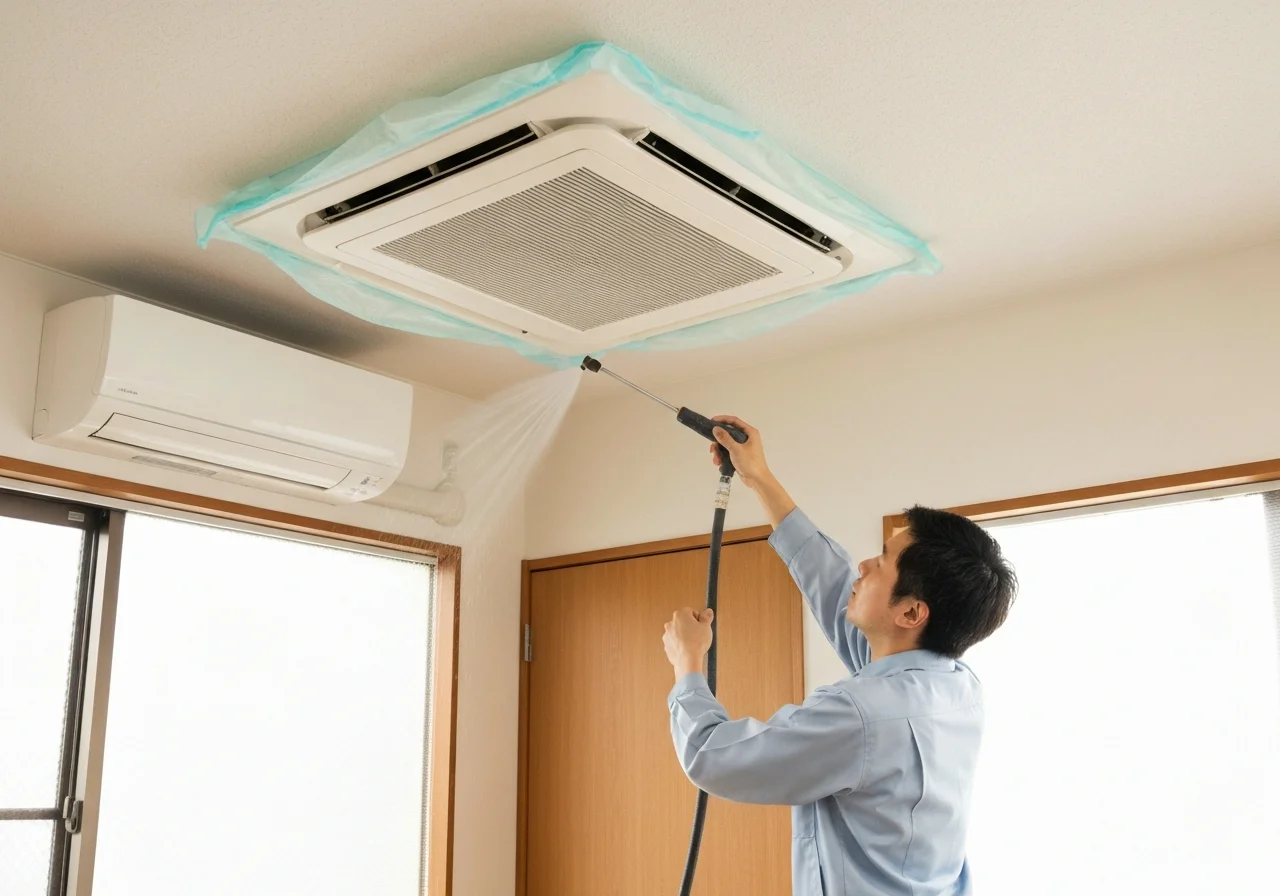 A work scene in a living room where the inside of a residential wall-mounted air conditioner is being cleaned, with the white walls and furniture protected