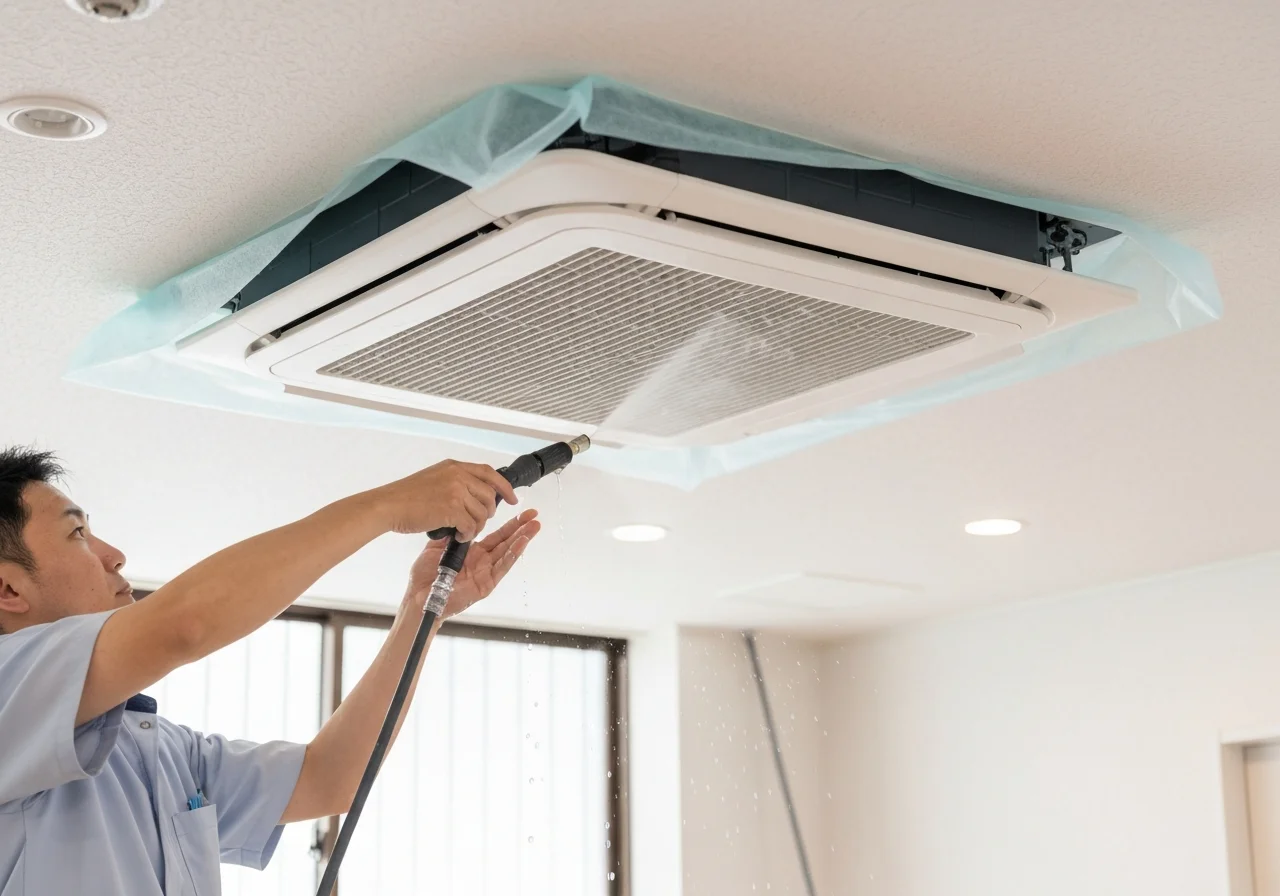 An upward-looking photo of a commercial air conditioner running above a restaurant seating area after cleaning, with the dining space looking brighter